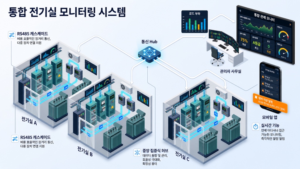 에버시스템 원격 통합 모니터링 시스템 구성도 - RS-485 Modbus RTU 통신 기반 다중 전기실 관제